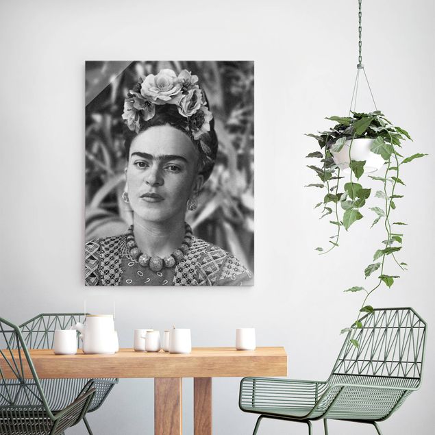 Glasbilder Schwarz-Weiß Frida Kahlo Foto Portrait mit Blumenkrone