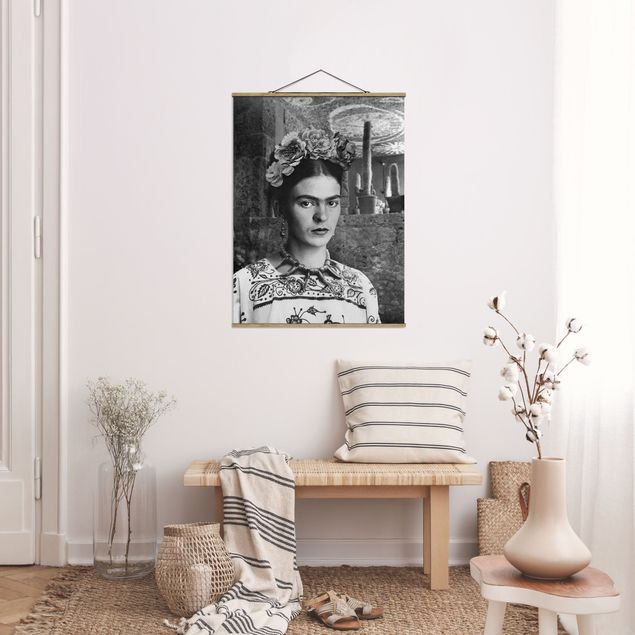 Stoffbilder zum Aufhängen Frida Kahlo Foto Portrait vor Kakteen