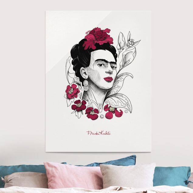 XXL Glasbilder Frida Kahlo Portrait mit Blüten