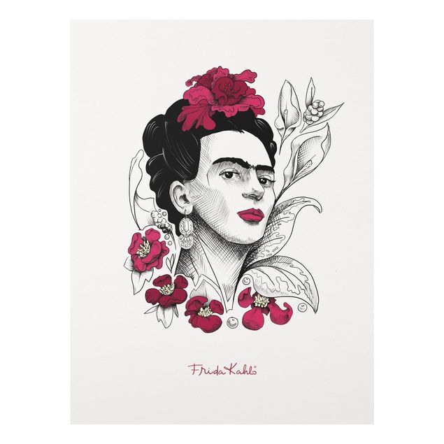 Glasbild - Frida Kahlo Portrait mit Blüten - Hochformat