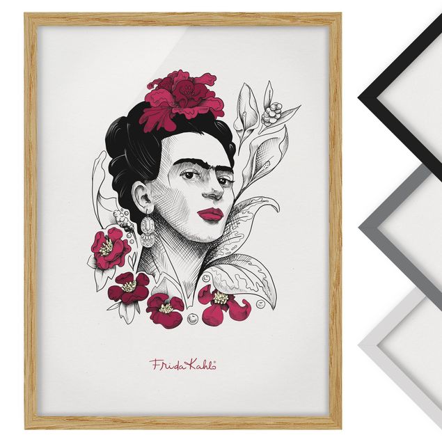 Bild mit Rahmen - Frida Kahlo Portrait mit Blüten - Hochformat - 3:4