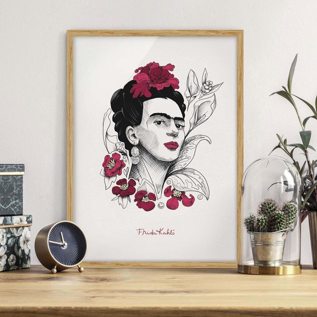 Gerahmte Kunstdrucke Frida Kahlo Portrait mit Blüten