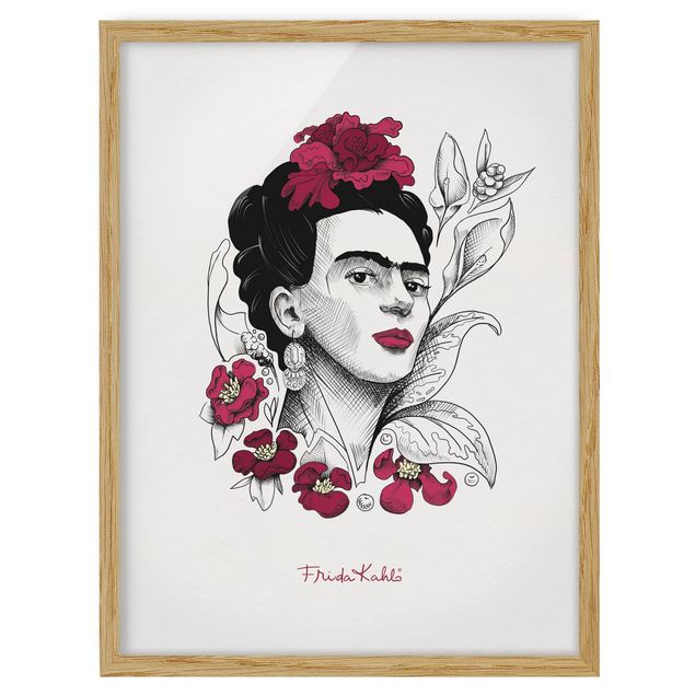 Gerahmte Bilder Frida Kahlo Portrait mit Blüten