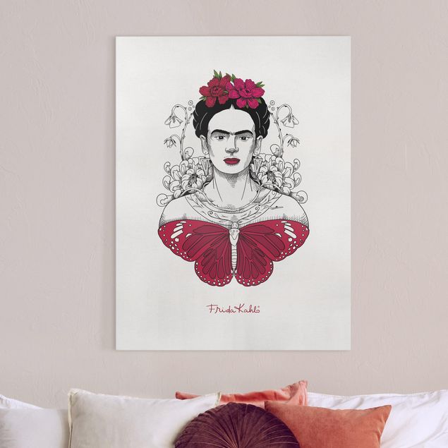 Wandbilder XXL Frida Kahlo Portrait mit Blüten und Schmetterling