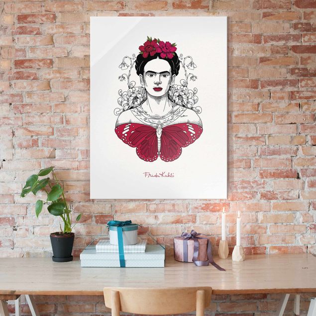 Wandbilder Tiere Frida Kahlo Portrait mit Blüten und Schmetterling