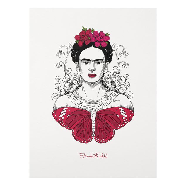 Schöne Wandbilder Frida Kahlo Portrait mit Blüten und Schmetterling