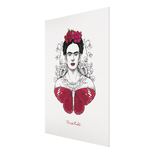Bilder auf Glas Frida Kahlo Portrait mit Blüten und Schmetterling