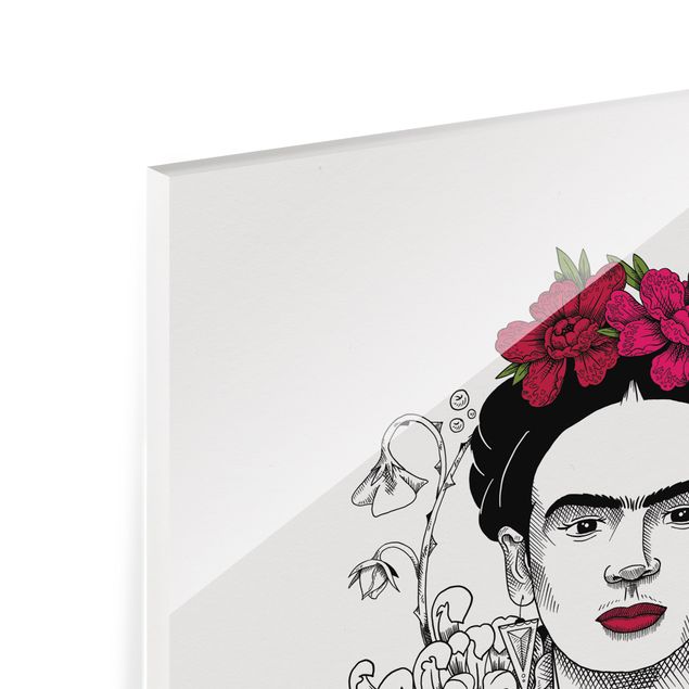 Glasbild - Frida Kahlo Portrait mit Blüten und Schmetterling - Hochformat