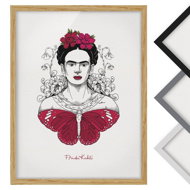Bild mit Rahmen - Frida Kahlo Portrait mit Blüten und Schmetterling - Hochformat - 3:4