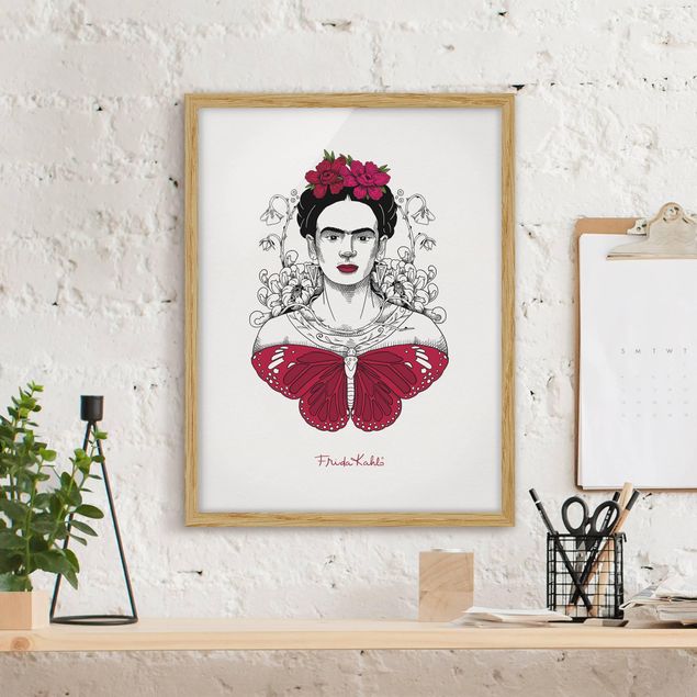 Wandbilder Tiere Frida Kahlo Portrait mit Blüten und Schmetterling