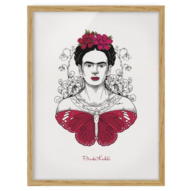Bilder für die Wand Frida Kahlo Portrait mit Blüten und Schmetterling