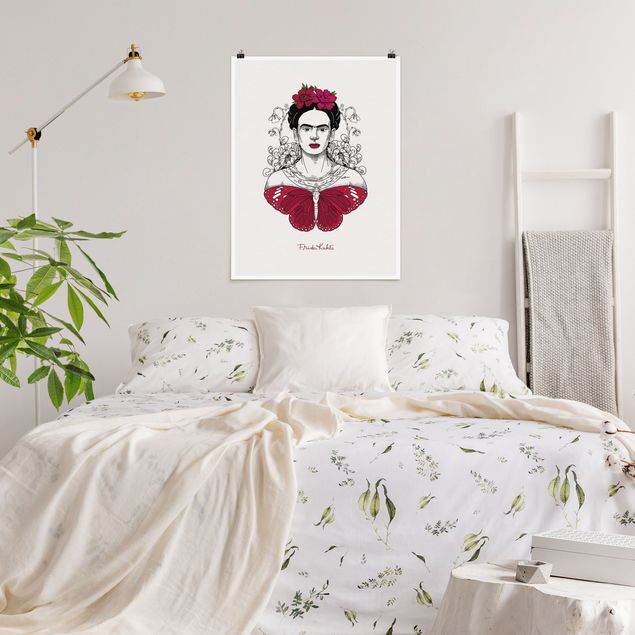 Poster Illustration Frida Kahlo Portrait mit Blüten und Schmetterling