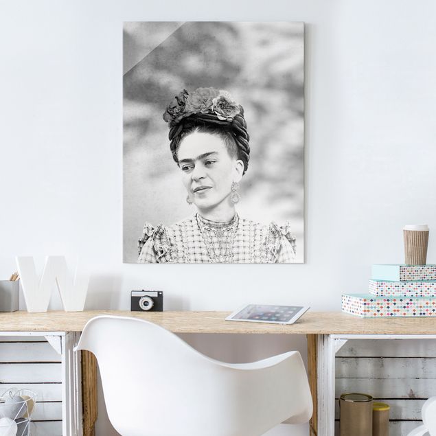 Glasbild Schwarz-Weiß Frida Kahlo Portrait