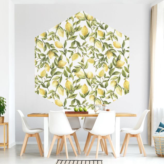 Fototapete modern Fruchtige Zitronen mit Blättern