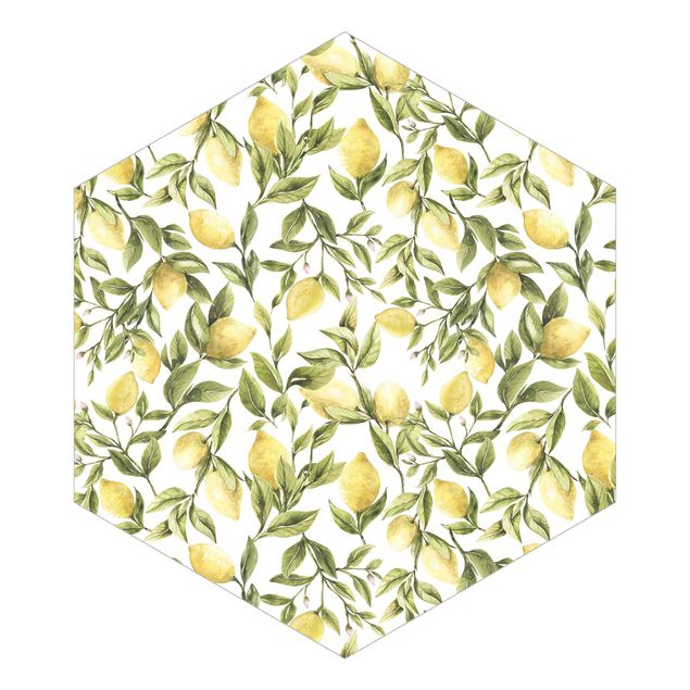 Tapete gelb Fruchtige Zitronen mit Blättern