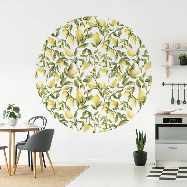 Fototapete rund Fruchtige Zitronen mit Blättern