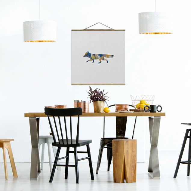Stoffbilder mit Holzleisten Fuchs in Blau und Gelb