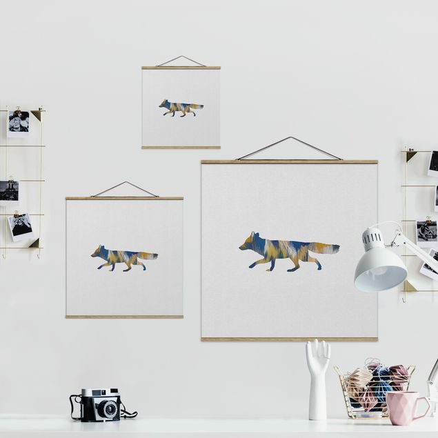 Stoffbild mit Posterleisten - Fuchs in Blau und Gelb - Quadrat 1:1