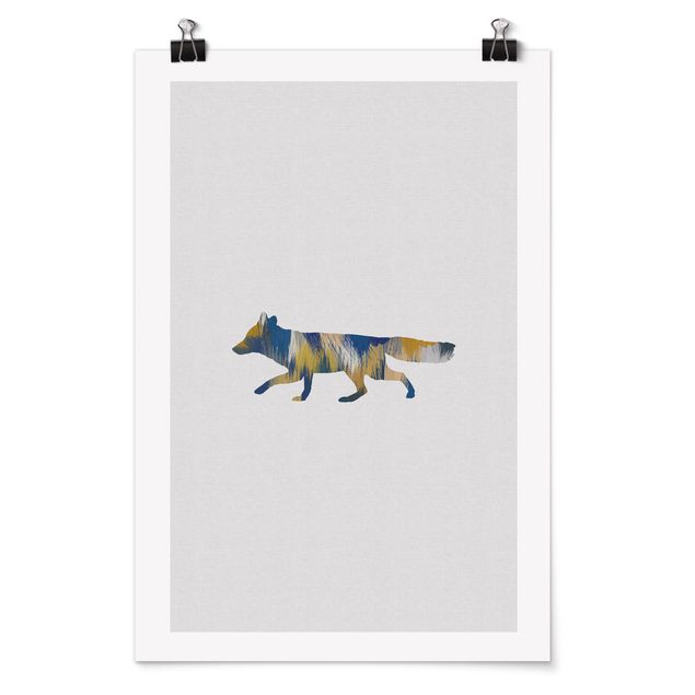 Poster Tiere Fuchs in Blau und Gelb