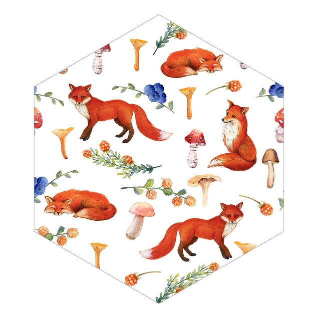 Wandtapete Tiere Fuchs mit Pilzen Illustration