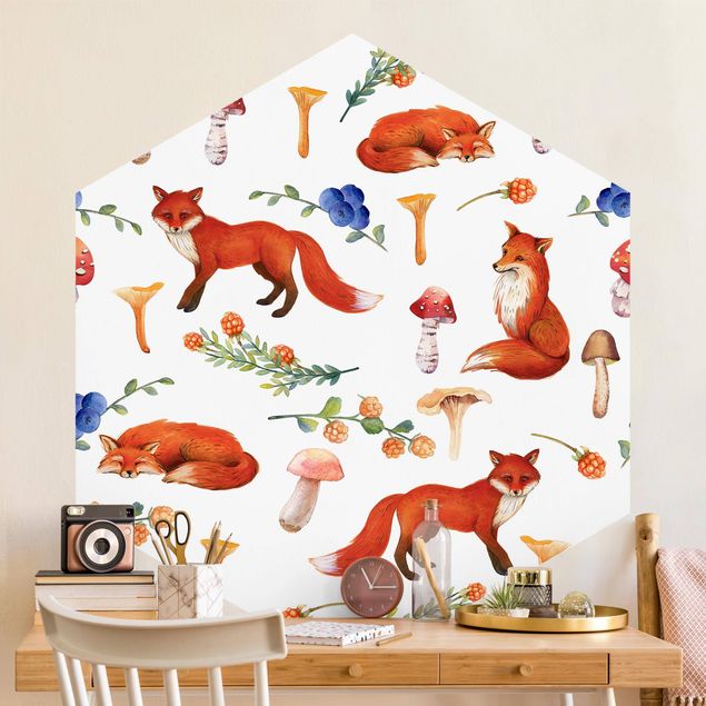 Kinderzimmertapete Tiere Fuchs mit Pilzen Illustration