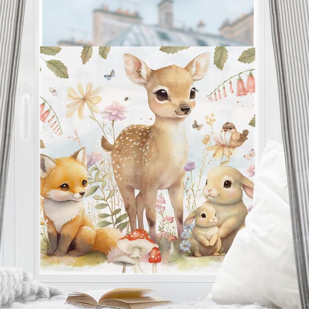 Fensterfolie Farbig Fuchs Rehkitz und Hase auf Blumenwiese