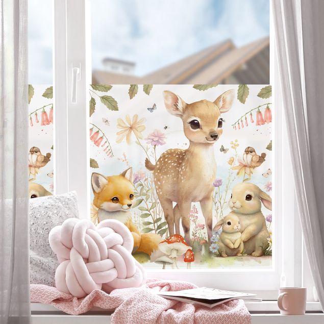 Fensterfolie Wohnzimmer Fuchs Rehkitz und Hase auf Blumenwiese