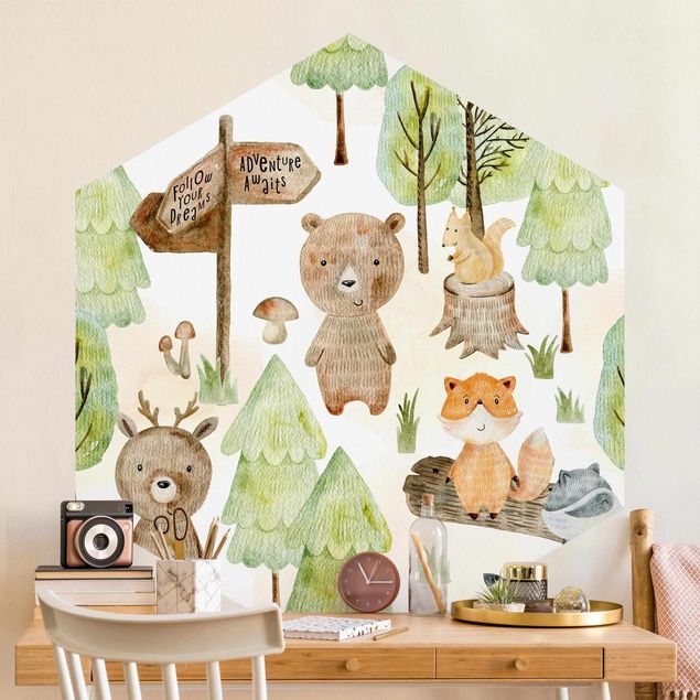 Kindertapete Tiere Fuchs und Bär mit Bäumen