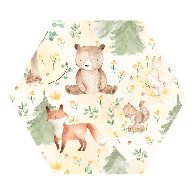 Wandtapete Tiere Fuchs und Bär mit Blumen und Bäumen