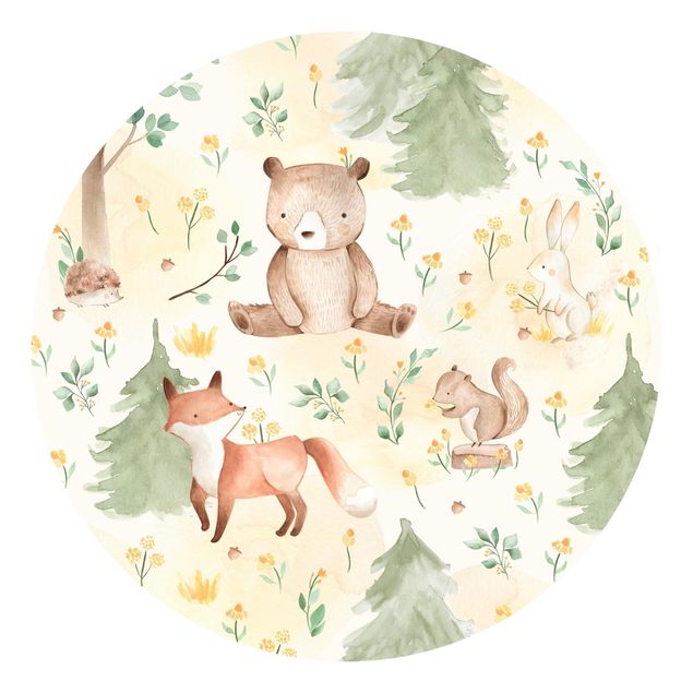 Kindertapete Tiere Fuchs und Bär mit Blumen und Bäumen