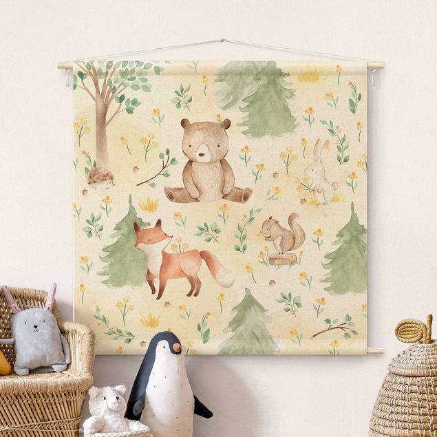Wandbilder Tiere Fuchs und Bär mit Blumen und Bäumen