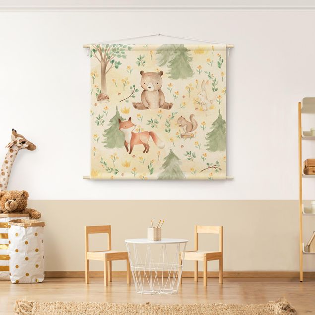 Wandbehang modern Fuchs und Bär mit Blumen und Bäumen