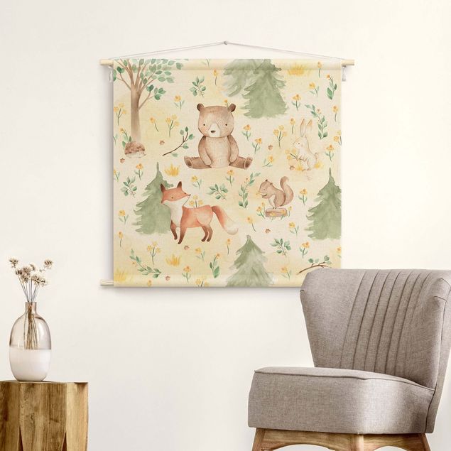 Wandbehang Stoff Fuchs und Bär mit Blumen und Bäumen