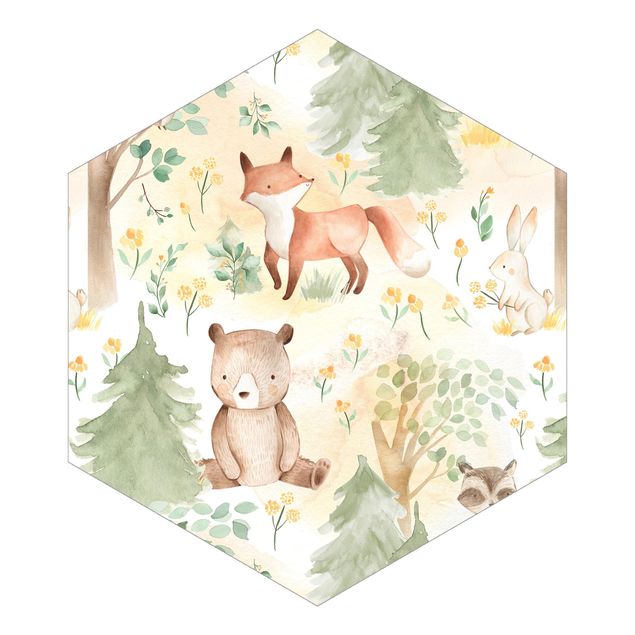 Design Tapete Fuchs und Hase mit Bäumen