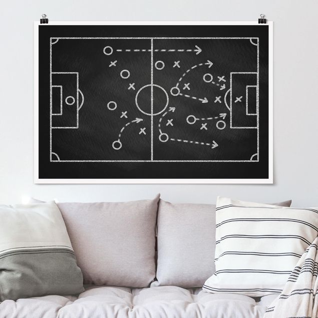 Poster Schwarz Weiß Querformat Fußballstrategie auf Tafel