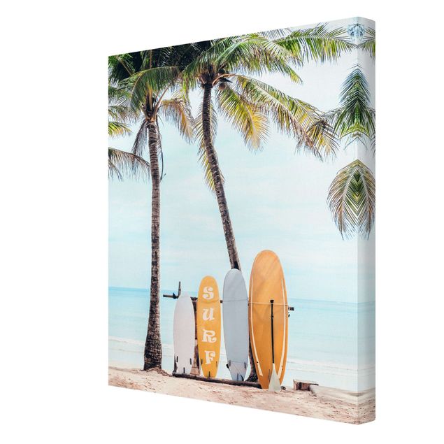 Bilder auf Leinwand Gelbe Surfboards unter Palmen
