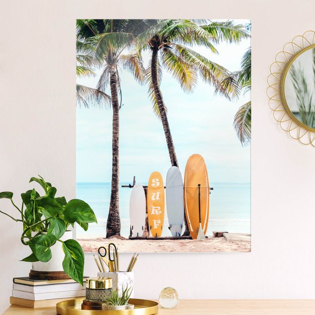 Strand Glasbilder Gelbe Surfboards unter Palmen