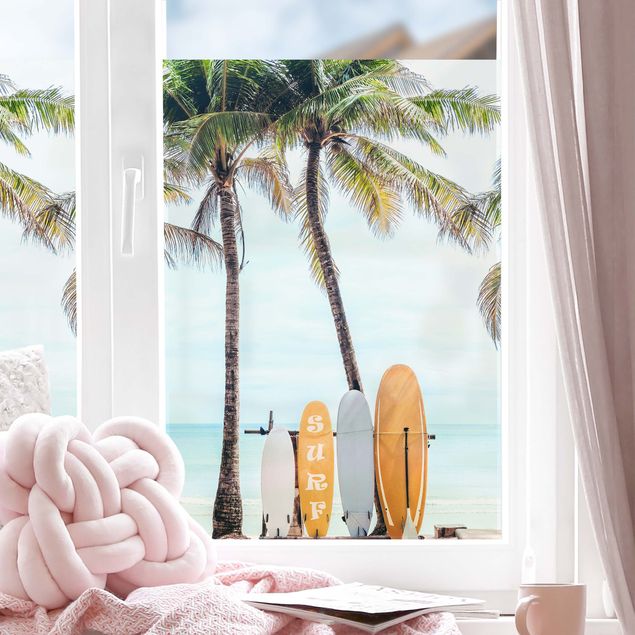 Fensterbilder Strand Gelbe Surfboards unter Palmen
