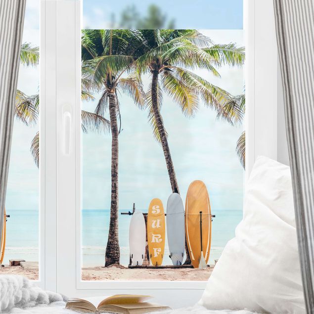 Fensterbild Landschaft Gelbe Surfboards unter Palmen