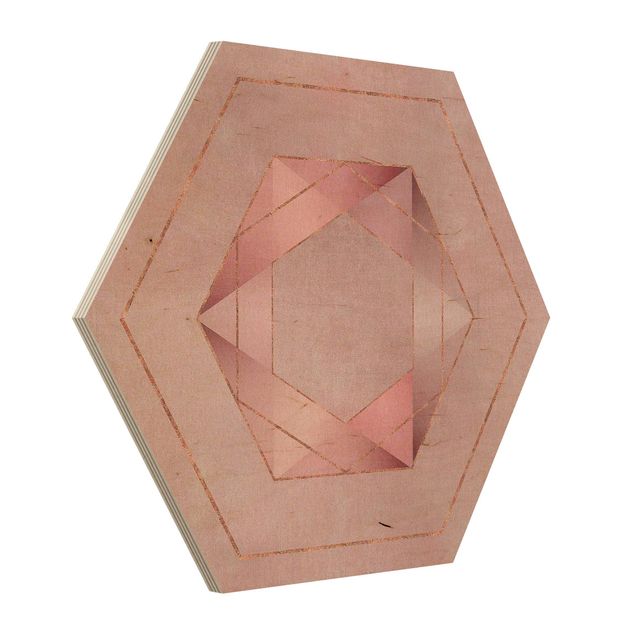 Hexagon-Holzbild - Geometrie in Rosa und Gold I