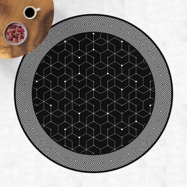 Teppiche Geometrische Fliesen Punktlinien Schwarz mit Bordüre
