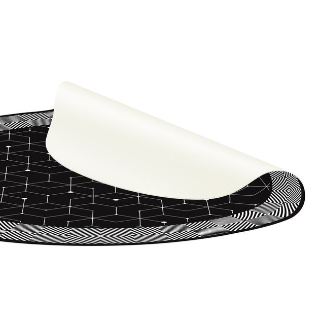 Teppich schwarz-weiß Geometrische Fliesen Punktlinien Schwarz mit Bordüre