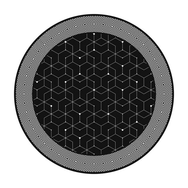 Teppich Esszimmer Geometrische Fliesen Punktlinien Schwarz mit Bordüre