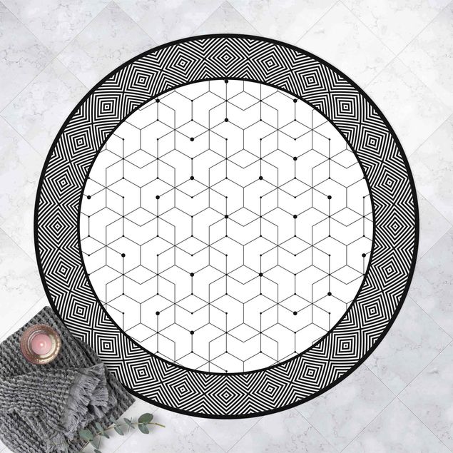 Teppiche Geometrische Fliesen Punktlinien Schwarz Weiß mit Bordüre