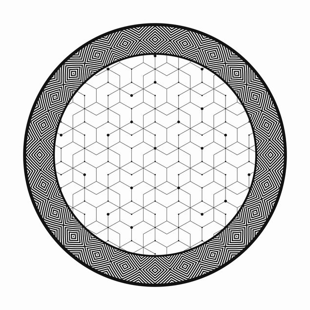 Teppich Esszimmer Geometrische Fliesen Punktlinien Schwarz Weiß mit Bordüre