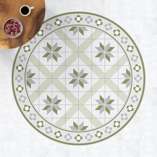 Teppiche Geometrische Fliesen Rautenblüte Olivgrün mit Bordüre