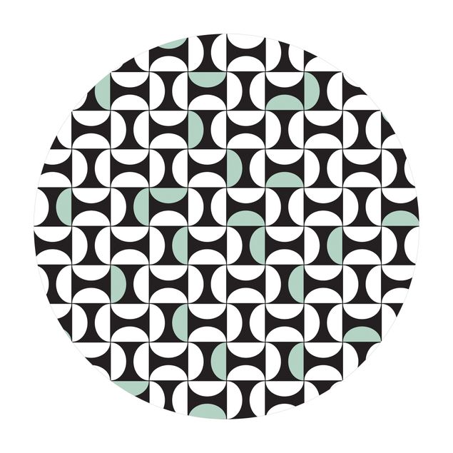 Teppich Anthrazit Geometrische Fliesenbögen Mintgrün mit Bordüre