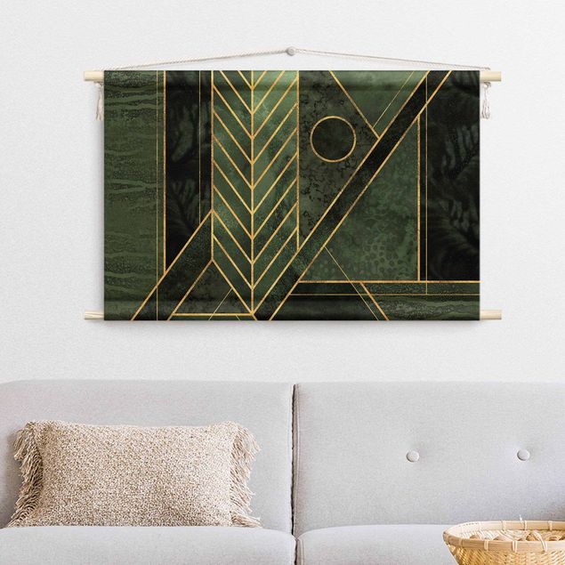 Wandbehang XXL Geometrische Formen Smaragd Gold