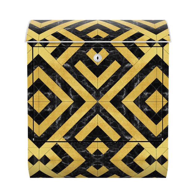 Postkasten schwarz Geometrischer Fliesenmix Art Deco Gold Schwarzer Marmor