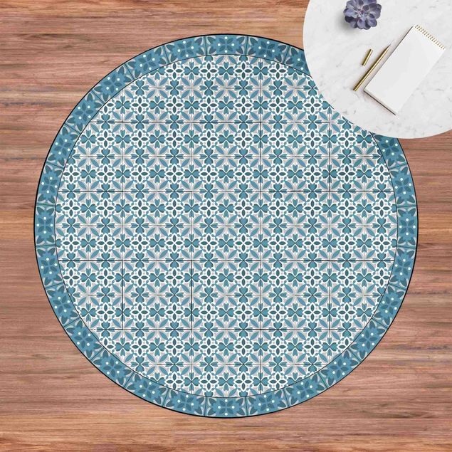 Aussen Teppich Geometrischer Fliesenmix Blüte Blaugrau